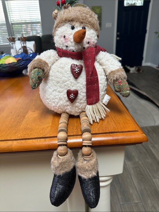 Hobby Lobby Other - Christmas sitting snowman w/ hat, mittens& black boots. Wood legs. Wool body.